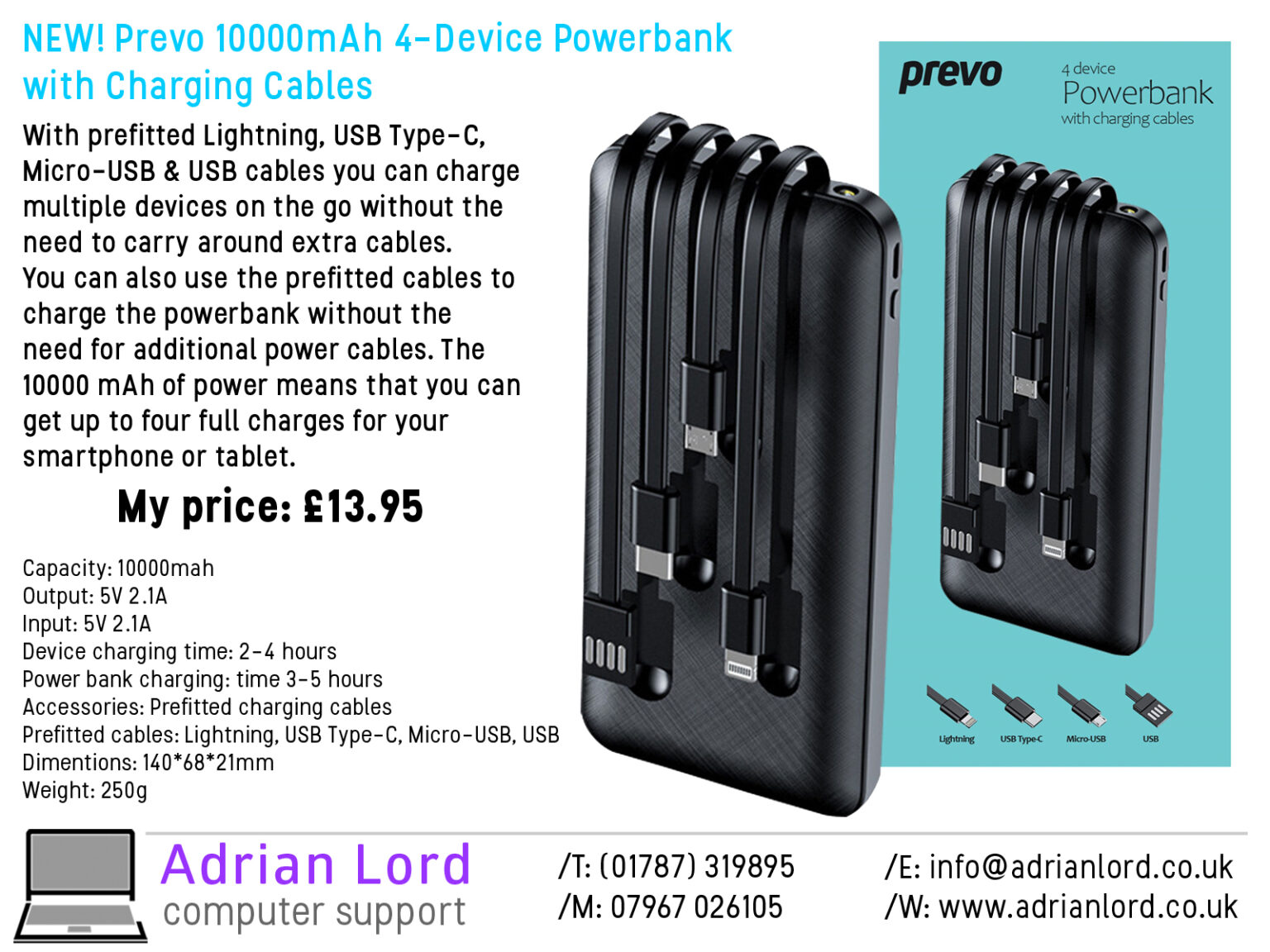 Portable 10000mAh Power Bank - 4 devices