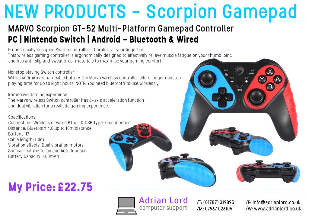 Gamepad controllers for PC, Switch and Android from Adrian Lord Sudbury