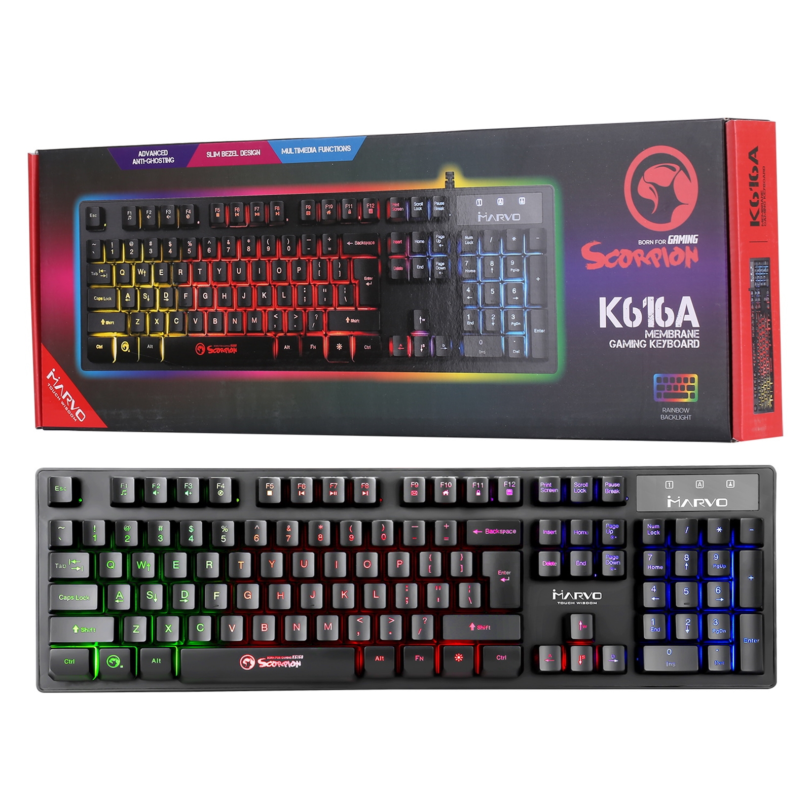 Marvo Scorpion K616A Gaming Keyboard, 3 Colour LED Backlit, USB 2.0, Frameless and Compact Design with Multi-Media and Anti-ghosting Keys, UK Layout, Membrane