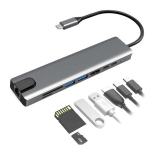 8-in-1 USB-C Hub Type-C to HDTV 4K UHD, RJ45 Ethernet, USB 3.0, SD/TF Card Reader & PD Charging